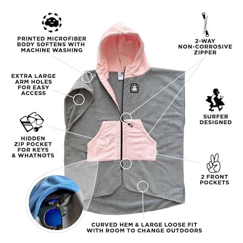 Pilotfish Surf Poncho Changing Robe Towel - Hooded, Zippered Towel Poncho for Beach, Surfing, Swimming | 2 Front Pockets, Machine Washable, (Gray/Pink, Medium) - Thumbnail 4