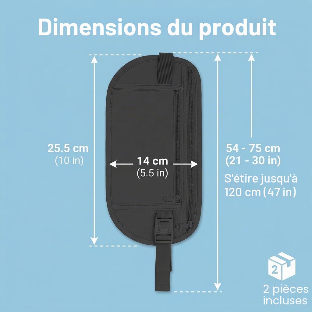 Lot de 2 Ceinture de Course Femme et Homme en Nylon Noir, Banane Secrete Voyage Antivol, Pochette de Voyage pour Papiers, Sac Banane Femme Tissu, Ceinture Cache Billets, Accessoires de Sport