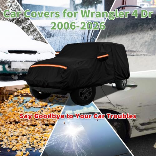 Image of Car Cover for Jeep Wrangler 4 Dr /Unlimited 4 Door JK JL(2006-2026), Custom Fit Waterproof All Weather Full Car Cover, Windproof Outdoor Cover with Driver-Side Zipper Door