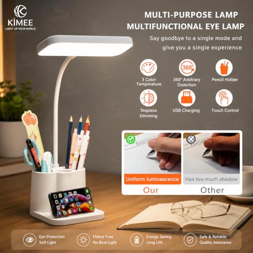 Image of Kimee Table Lamp for Study with Smart LED Display, Foldable Touch Light Desk Lamps with 3 Color Modes and Stepless Dimming, Desk Lamps with Phone Pen Holder (White)
