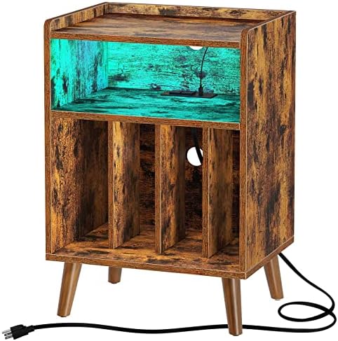 Rolanstar End Table with Charging Station, Record Player Stand with LED Lights, Nightstand with Storage Shelf, Mid-Century Record Storage, for Living Room,Bedroom - Rustic Brown