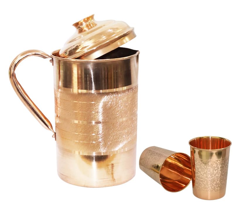 Carafe en cuivre pur BRACOP pichet martelé avec verres gravés style ayurvédique