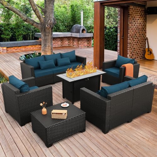 Rattaner Patio Furniture Set with 45In Fire Pit 6 Pieces Outdoor Furniture Sets Patio Couch Outdoor Chairs 60000 BTU Steel Propane Fire Pit Table No-Slip Cushions and Waterproof Covers, Peacock Blue