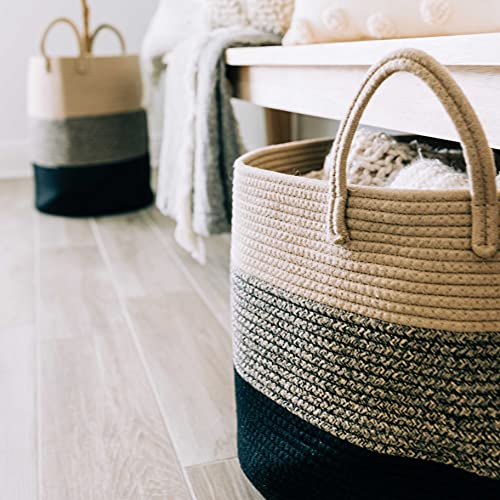 Image of OrganiHaus Round Toy Basket & Blanket Basket, Cotton Rope 20x13 inch | 3-Toned Brown - Round Cotton Rope Basket, 20x13 inch