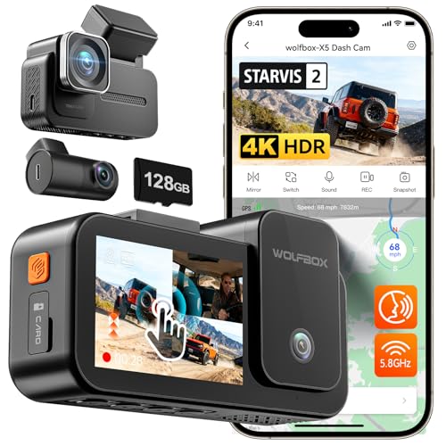WOLFBOX X5 New 3 Channel 4K HDR Dash Cam, STARVIS 2 IMX678,4K+2.5K+1080P Front and Rear Inside Car Camera with 128GB Card, Voice Control, 5.8GHz WiFi GPS, Touch Screen, Digital Signal, Support 512GB