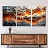 Sutanun 3 Piece Abstract Canvas Wall Art – Earthy Tones and Waves Inspired Triptych Print, Orange and Grey Modern Wall Decor for Living Room, Bedroom, or Office (24' x 36' x 3 pcs)