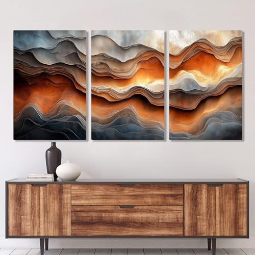 Sutanun 3 Piece Abstract Canvas Wall Art – Earthy Tones and Waves Inspired Triptych Print, Orange and Grey Modern Wall Decor for Living Room, Bedroom, or Office (24' x 36' x 3 pcs)