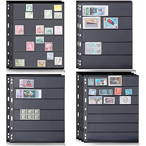 RUNRAYAY 10 Sheets Stamp Pages for Stamp Album Binder, 4 Sizes Stamp Pages for Stamp Collecting Albums with Standard 9 Hole Binder Sleeves for Stamp Collectors (4/5/6/7 Pockets Pages) Cover