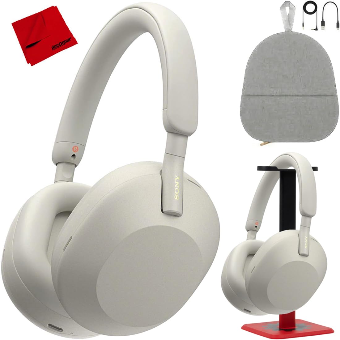 Sony WH1000XM5/S Wireless Noise Canceling Headphones (Silver) Bundle with Deco Gear Pro Audio Headphone Stand + Microfiber Cleaning Cloth