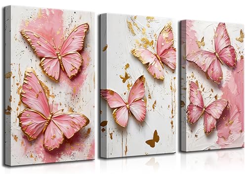 RAQXZHSW 3Pcs Pink Gold Butterfly Canvas Wall Art Luxurious Elegant Abstract Butterfly Painting Picture Wall Decor Poster Printed Artwork for Women's Room Apartment Dormitory Bedroom Home Decoration