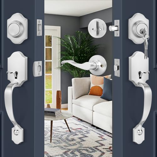 Image of Haidms Front Door Lock Set With Double Door Handle and Deadbolt - Brushed Nickel, Heavy Duty Handleset With Dummy, Reversible Handle Lever - Silver Hardware Set