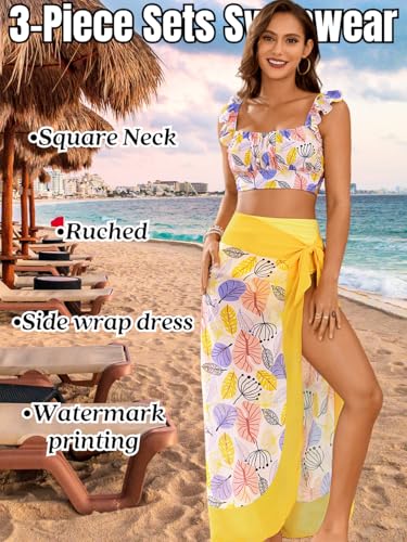 Women's 3 Piece Swimsuits, High Waisted Bikini Set with Floral Long Sarong Bathing Suit, Beach Vacation Pool Party2