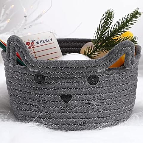 Small Cat Basket Storage Woven Basket Organizer with Ears Decorative Pet Toy Cute Basket Cotton Rope Basket for Gifts Cat Dog Toy Bin Nursery Room Kids Toy, 8.3 Inch L x 4.7 Inch H (Gray) Cover