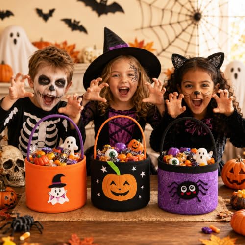 OIASKET Halloween Trick or Treat Bucket,Halloween Pumpkin Basket Candy Bag for Kids Gift Basket-Black Pumpkin - image 6