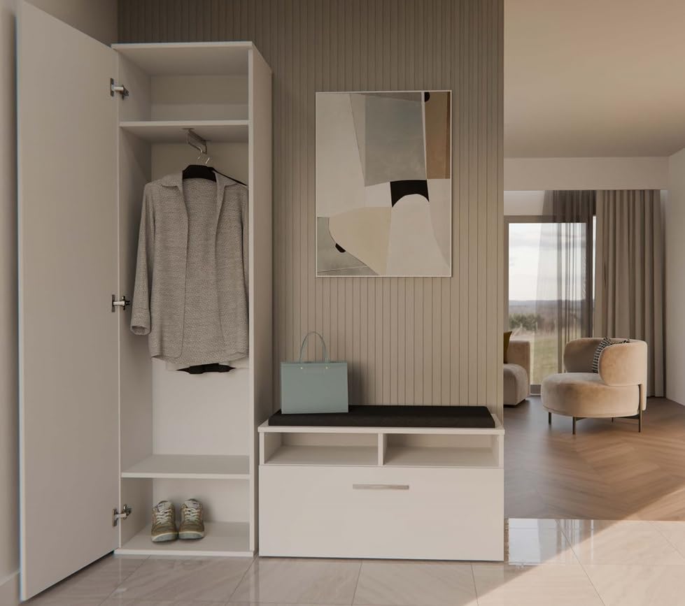 BDW Appendiabiti con specchio, moderno, multifunzionale, per corridoio, camera da letto, cameretta dei bambini, 180 x 50 x 35 (T), bianco