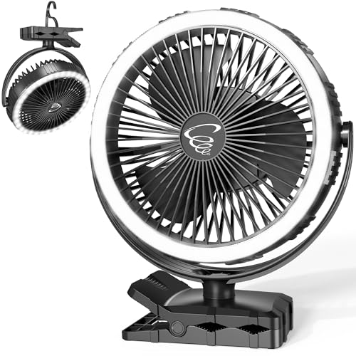 8” Camping Fan with LED Lantern, 10000mAh Rechargeable Battery Operated, Max 21Hrs Cooling, 3 Speeds, Portable Clip on Fan with Clamp & Hook for Camping Outdoor Office Home Hurricane Power Outage