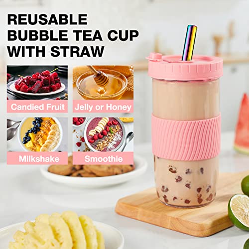 Image of Mfacoy (4 Pack x 2 Size Cup, 24oz & 16oz Bubble Tea Cup, Smoothie Cups with Lids and Stainless Straws, Reusable Cup, Wide Mouth Mason Jar Drinking Glasses with Silicone Sleeve for Travel