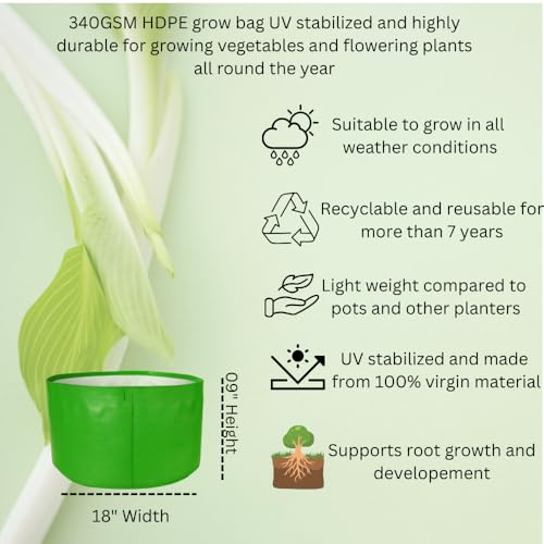 Image of HDPE UV Treated 340 GSM Plant Growing Bags for Terrace Gardening Easy to Use 18 x 09 Inch - Pack of 5