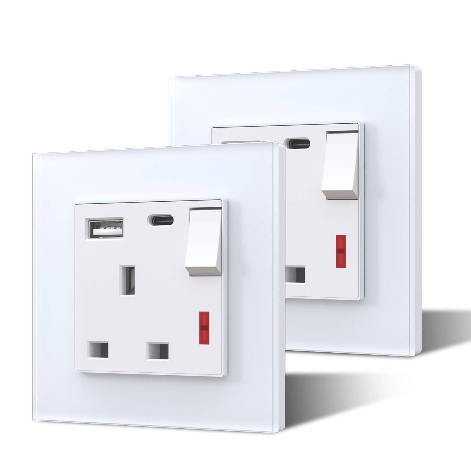 BSEED Single Plug Socket with USB C and USB A,Glass Switched Socket,UK Standard Electric Power Sockets,13A Wall Socket,Save Space,1 Gang-2 Pack,86mm White