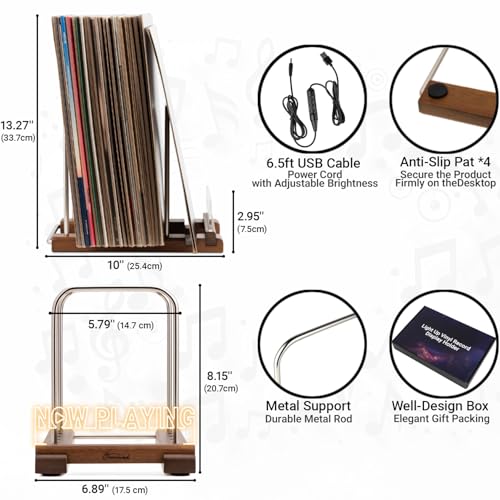 Onmiwod Vinyl Record Holder for 35 LPs, Light Up Now Playing Vinyl Record Stand, Wooden Album Storage Organizer, Album Holders for Records Display, Accessories Gifts for Music Lovers - Thumbnail 6
