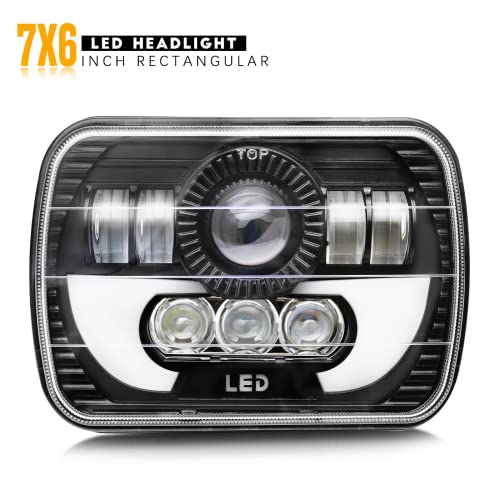 7x6 5x7 inch LED Headlights Rectangular Headlight Projector Sealed Beam H4 High Low Beam DRL H6054 6054 Replacement Compatible with Jeep Cherokee XJ Wrangler YJ, 1PC
