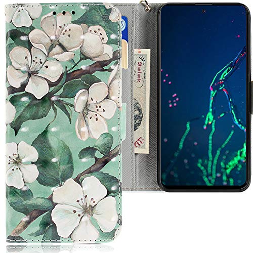 CLM-Tech Funda Compatible con Samsung Galaxy A51, Carcasa Cuero sintético con Función de Soporte y Ranuras para Tarjetas, Flores Blancas Verdes