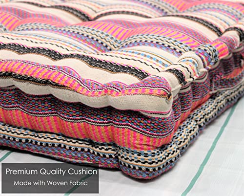 Image of Woven Quilted Floor Cushion 40x40x8 cm Multi Stripe with Cotton Filler Small Size for Seating, Patio Seat, Meditation, Yoga, Pooja, Guests, Living Room, Bedroom Size - 16x16x3 Inch