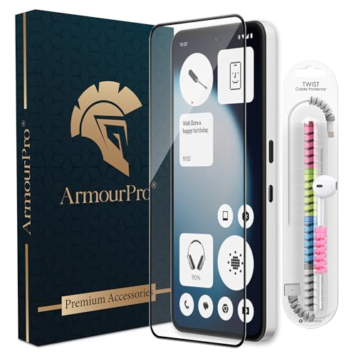 Image of ArmourPro Military-Grade Tempered Glass for Nothing Phone (3A) Lite - 9H Anti Scratch, Edge-to-Edge Coverage, HD Clarity, Smooth Touch, Case Friendly, Easy Installation Kit with Cable Protector