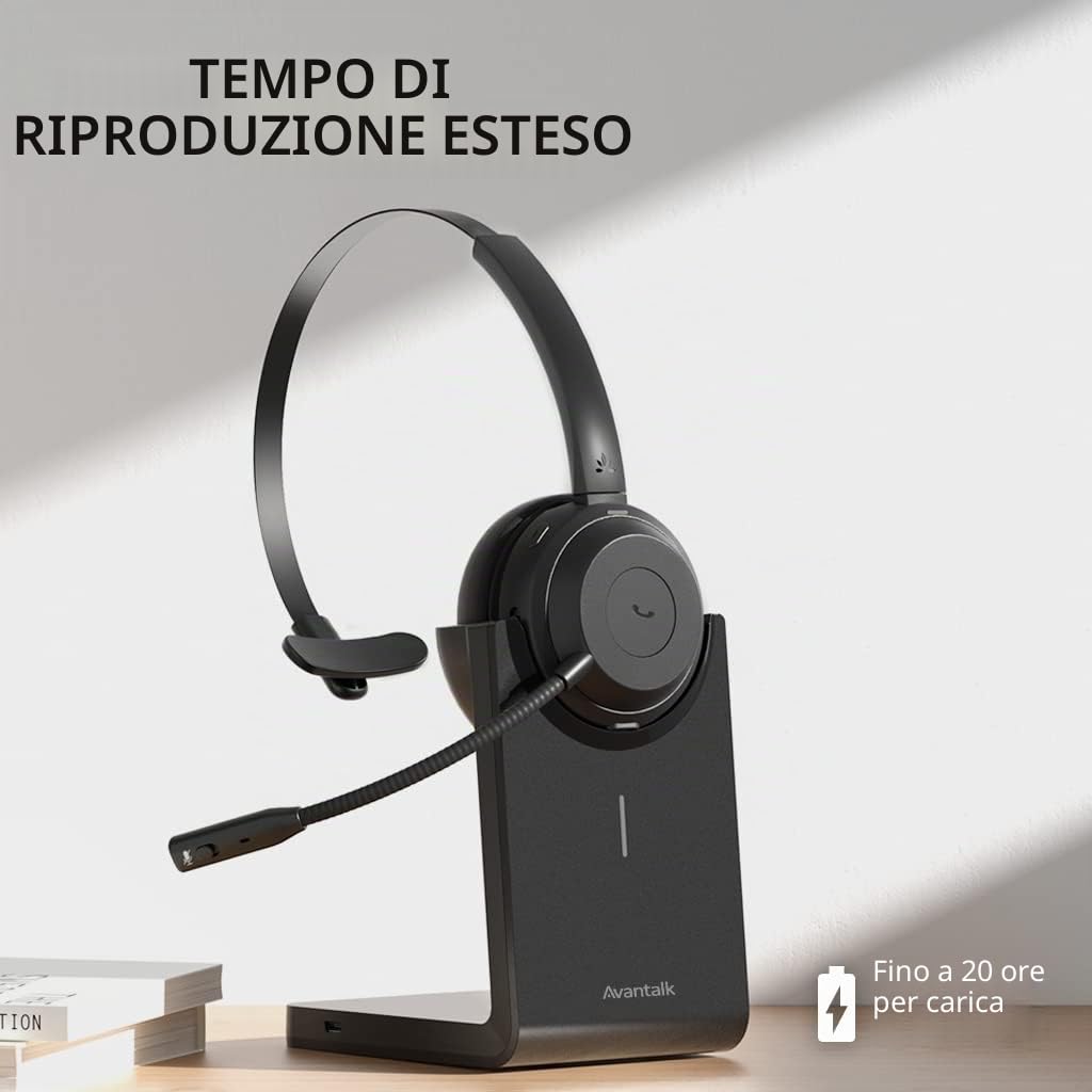 Avantalk Alto Solo - Cuffie Bluetooth Wireless Microfono e Cancellazione Rumore CVC per PC, Computer & Laptop Con Stand per Ricarica Batteria, Tasto Muto, e Modalità Audio via Filo