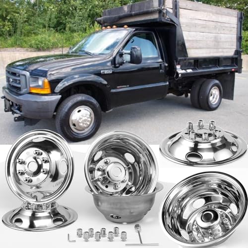 Image of 4pcs 16 inch Polished Stainless Steel Dually Wheel Simulators,Bolt On Style Wheel Cover,8 Lug Hubcaps 4 Hand Hole for 1974-1998 Ford F350, 2008-2021 E350 /E450 Van,1974-1999 Dodge Ram 3500 Truck