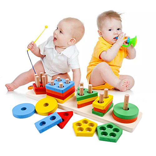 Image of kizh Wooden Sorting Stacking Toys Color Recognition Shape Sorter Gift Educational Learning Toy Puzzles for Toddler Kids Baby Ages 3 4 6