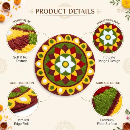 Image of VAS COLLECTIONS Decorative Round Rangoli Mat, Traditional Floral Rangoli Floor Decoration for Pooja Room, Festive Home Decor, Decorative Mat for Entrance, Living Room & Temple, 23 Inches - Moss Green