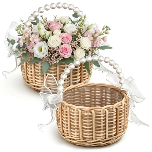 Small Flower Girl Basket Set of 2 - Lightweight Boho Small Wicker Basket with Handle Pearl Detail Bows & Waterproof Lining - Summer Wedding Bridal Shower Petal Toss Bridesmaid Gifts & Home Decor