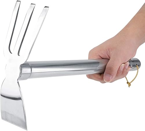 Miniatura 6 de Azada y rastrillo 2 en 1 de doble propósito de acero, mango de goma, rastrillo de garra corta, herramienta de jardín al aire libre para aflojar el