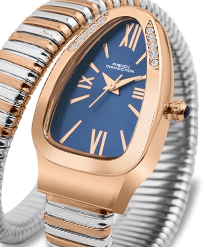 Image of French Connection Eternelle Curve | Blue Dial with Rose Gold Case | Flexible Wrap Bracelet Strap | Crystal Accent Design | Roman Numerals Analog Watch for Women - FCN0142URTM