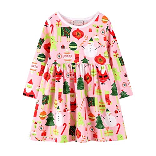Image of HILEELANG Girl Winter Casual Dress Christmas Long Sleeve Cotton Cartoon Applique Strip Shirt Party Outfit Dresses