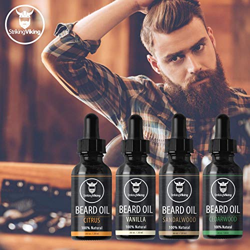 Striking Viking Beard Oil 4 Pack - Softening And Conditioning Beard Oil For Men - Citrus, Vanilla, Sandalwood, & Cedarwood Variety Scents - Enriched With Argan, & Jojoba Oils #TOP3