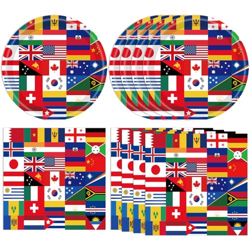 DURYGEN International World Flags Tableware Set International Flags Decorations Plates and Napkins for Travel Trip Around the Globe Retirement,School, Sports Events, Grand Opening, Party DURYGEN International World Flags Tableware Set International Flags Decorations Plates and Napkins for Travel Trip Around the Globe Retirement,School, Sports Events, Grand Opening, Party