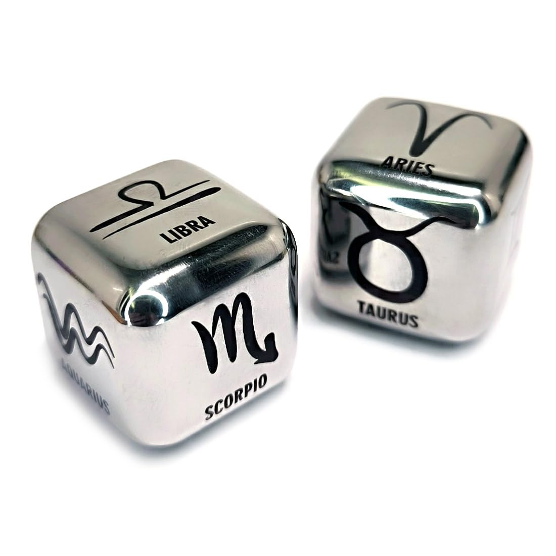 Hometu 2Pcs/Set Metal 12 Constellation Dice Set, Laser Engraved 6-Sided Stainless Steel Big Zodiac Dices for Game Divination Accessory (Logo, Silver), DK-MDICE-12XZ