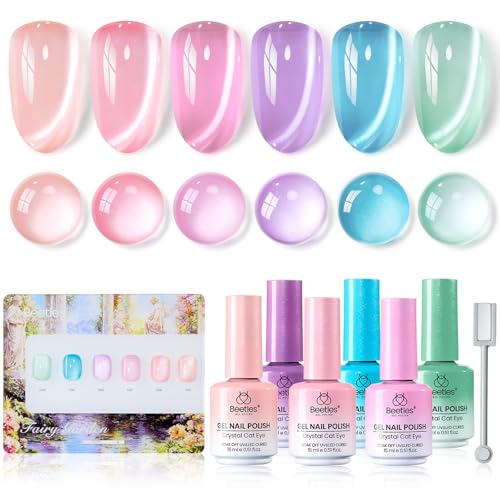 Image of Beetles Fairy Garden Cat Eye Gel Nail Polish Set - 6 Colors 15ML Full Size Spring Gel Polish Kit Glitter Pink Purple Blue Orange Red Green Magnetic Effect Soak Off UV Nail Art DIY Manicure