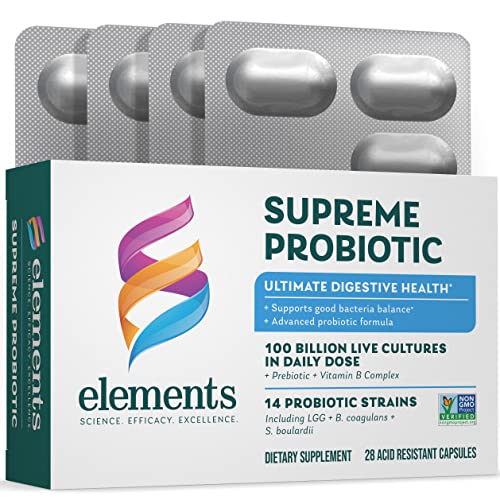 Elements Supreme Probiotic 100 Billion CFU - Digestive Health Prebiotics and Probiotics for Men and Women - Supplement with 14 Probiotic Strains Plus B Vitamins, 28 Dietary Capsules, 14 Day Supply