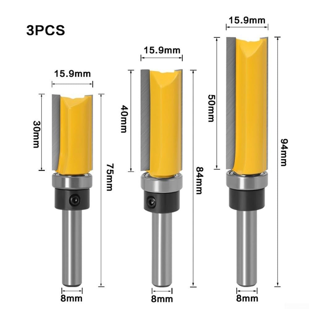 8 mm Schaft, bündiger Fräser mit Lager, Hartmetall-Schablonen-Fräser für Holzbearbeitung, 5/8-Zoll-Klinge, oberes und unteres Lager-Design für Schubladenherstellung (3 Stück)
