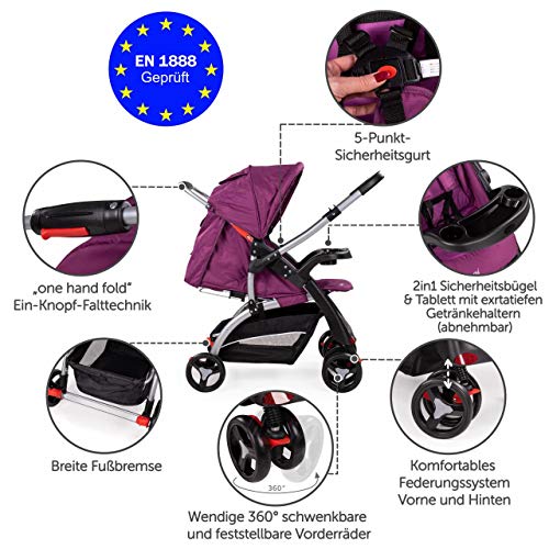 Froggy Buggy RANGER S4 Kinderwagen Kinderbuggy umklappbarer Schiebegriff Ein-Knopf Falttechnik Gepolsterter 5-Punkt Sicherheitsgurt MULBERRY