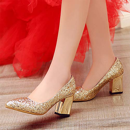 Women's Sparkling Glitter Chunky Heel Closed Toe Pumps Comfortable Mid Block Heel Slip-on Classic Party Dress Shoes4