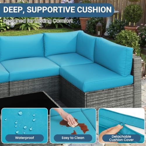 Image of Wisteria Lane 7 Pieces Outdoor Patio Furniture Set, Wicker Outdoor Patio Sectional Sofas with Coffee Table, All-Weather Patio Conversation Set for Garden Backyard, Light Blue