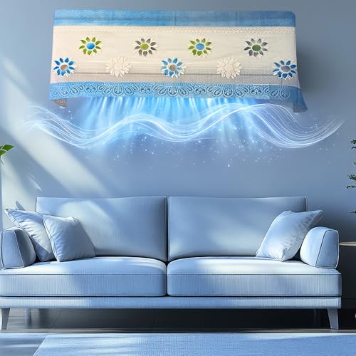 Image of Cotton Net Split AC Cover Indoor Unit for 2 Ton Capacity AC, Premium Work Indoor AC Dust Protection Cover Designer Summer Ac Cover for 2 Ton Ac (38 X 15.35 X 7.8 inch, Blue)