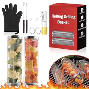 BBQ Grill Basket 2PCS – Rolling Grilling Basket – Rolling Round Barbeque Accessories, Campfire Grill Grid Ideal for Camping Picnics, Durable Cookware for Outdoor Grill for Fish, Shrimp, Meat, Vegetables, Fries