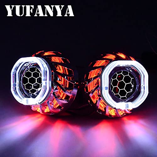 2.5Inch Honeycomb Projector Lens with White &Red Square Spiral Hot Wheel Led Angel Eyes Shrouds Car Headlight Retrofit Kit For H1 H4 H7 Car Motorcycle