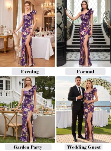 Image of VFSHOW Womens Ruffle One Shoulder Formal Prom Gala Maxi Dress Evening Gown | V Neck, Bodycon, Sexy High Slit, Long Cocktail Wedding Guest Dresses, Party, Bridesmaid
