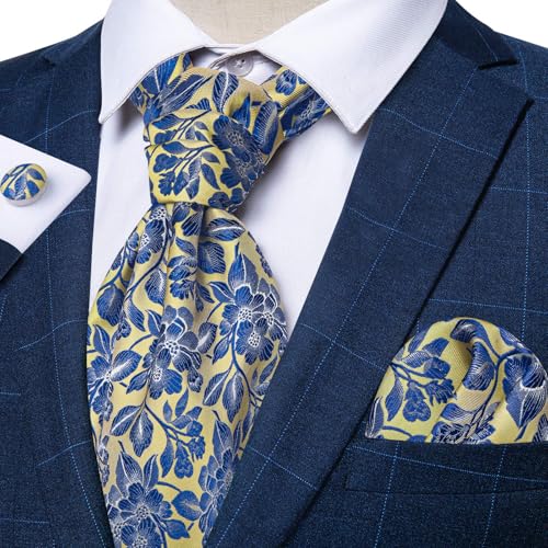 Image of DiBanGu 3PCS Ascot Ties for Men Wedding Jacquard Woven Silk Ascot Cravat for Men Cravat Tie and Pocket Square Set